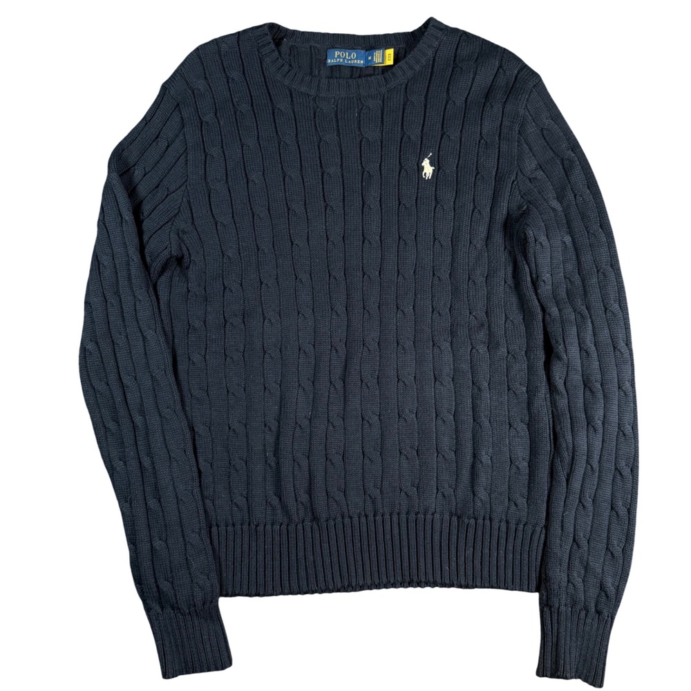 Polo Ralph Lauren Cable Knit Sweater Women M Navy Blue Cotton Pony Logo Pullover